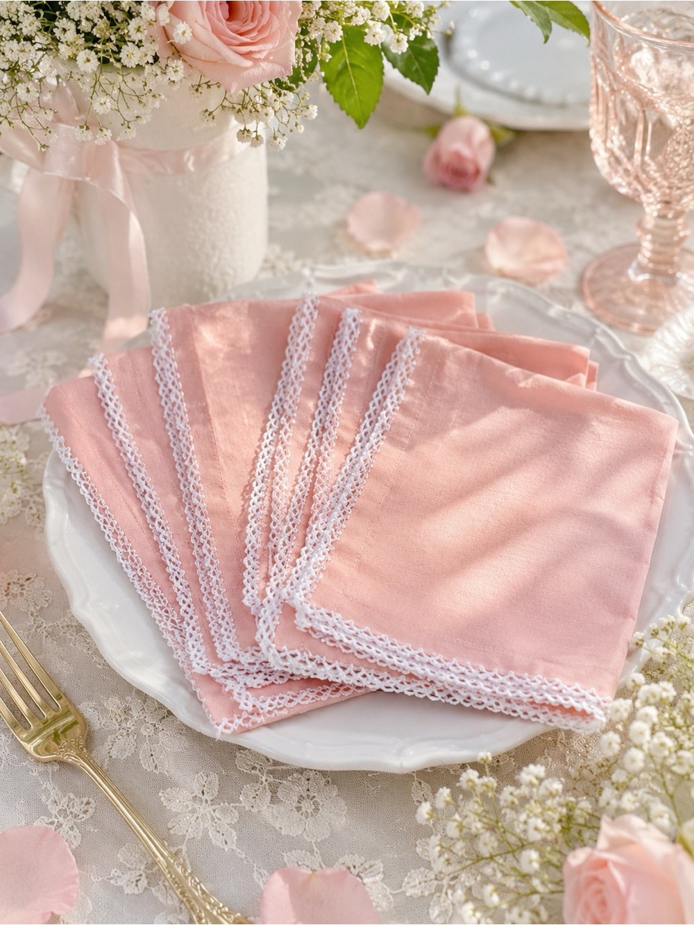 Set Of 6 Blush Pink Cotton Cloth Napkins White Crochet Lace Trim Cottagecore
